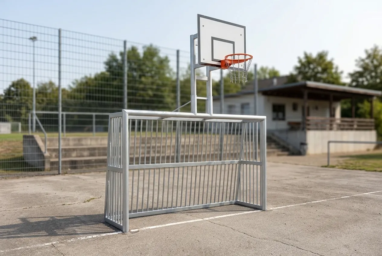 Bolzplatztor mit Stabhinterbau und Basketballkorb auf einem Hartplatz